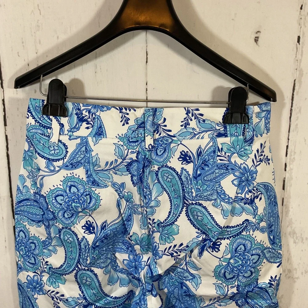 Boston Proper Pants Women's 12 Blue Paisley Floral Print‎ Stretch Cropped Chic